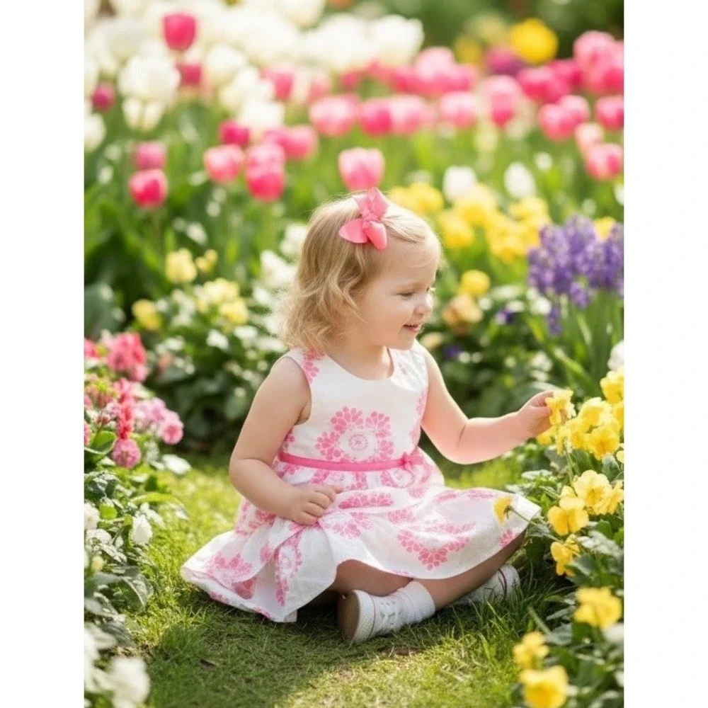 Carter's floral tiered Girls dress pink white floral bow Size‎ 5 EUC Vacation